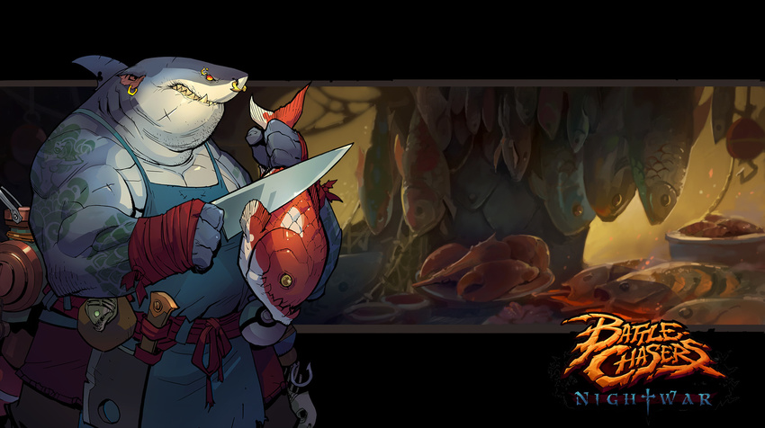 battle_chasers clothing ear_piercing facial_piercing fish fishmonger knife male marine nose_piercing official_art piercing scar shark solo standing teeth