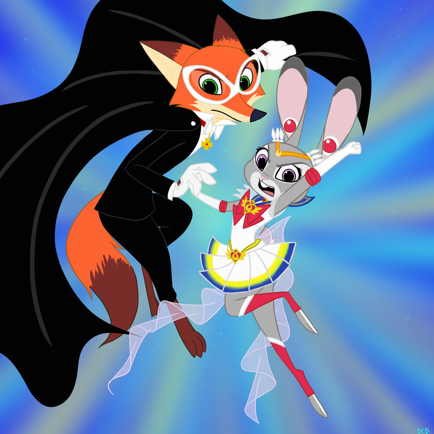 2017 abstract_background action_pose anthro armwear barefoot bow_tie buckteeth canine cape clothing crossover dipstick_ears dipstick_tail disney duo elbow_gloves female fox fur gloves green_eyes hi_res judy_hopps lagomorph looking_at_viewer male mammal mask multicolored_tail nick_wilde open_mouth pendant purple_eyes rabbit sailor_moon_(character) sailor_moon_(series) skeletonguys-and-ragdolls teeth tuxedo tuxedo_mask zootopia