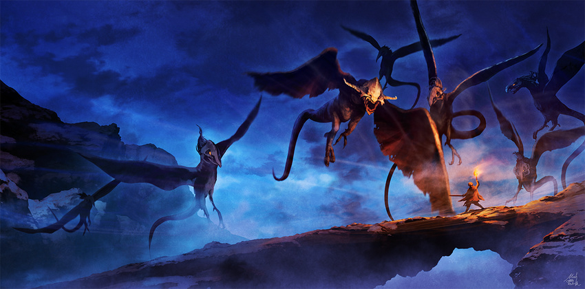 cape cloud cloudy_sky commentary_request demon fantasy flying from_behind holding holding_sword holding_weapon horns mocha_(cotton) monster night original outdoors scenery sharp_teeth signature sky solo standing sword teeth torch warrior weapon