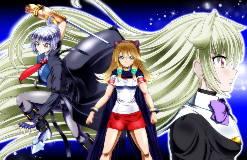 3girls animal_ears aq_interactive arcana_heart arcana_heart_2 arcana_heart_3 artist_request bangs blazer blonde_hair bowtie bracelets breasts brown_hair cape fingerless_gloves folded_ponytail gauntlet green_eyes hair_bobbles highres inuwaka_akane jacket long_hair looking_at_viewer multiple_girls necktie pantyhose pencil_skirt red_eyes serafuku short_hair silver_hair skirt very_long_hair weapon weiss yellow_eyes zenia_valov