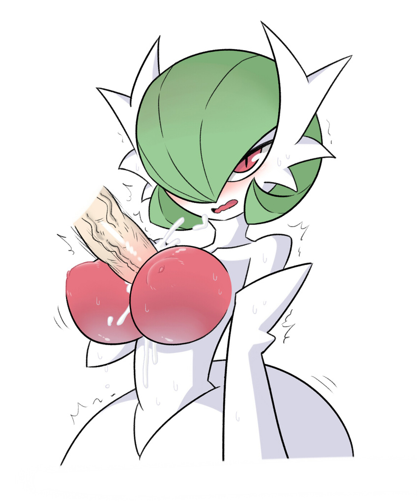 1girl 321go! between_breasts blush breasts collarbone cum cum_between_breasts disembodied_penis ejaculation erection gardevoir green_hair hair_over_one_eye half-closed_eyes hand_on_own_chest hand_up highres large_breasts looking_at_viewer mega_gardevoir mega_pokemon nipples open_mouth orgasm paizuri penis pokemon pokemon_(creature) pokemon_rse red_eyes short_hair simple_background solo sweat trembling upper_body wavy_mouth white_background