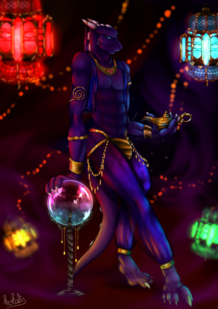 2017 anthro balls breasts bulge clothed clothing dancing digital_media_(artwork) dragon ear_piercing gin halloween holidays horn kotalis lamp light magic male muscular muscular_male nitadil nude oriental piercing pose scalie smile solo