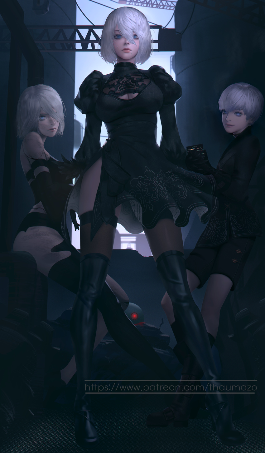 2girls absurdres bad_id bad_pixiv_id black_clothes black_dress black_legwear blue_eyes breasts cleavage cleavage_cutout dirty dress elbow_gloves feather-trimmed_sleeves gloves hair_over_one_eye highres looking_at_viewer medium_breasts mole mole_under_mouth multiple_girls nier_(series) nier_automata puffy_sleeves shorts side_slit silver_hair sitting smile standing thaumazo thighhighs yorha_no._2_type_b yorha_no._9_type_s yorha_type_a_no._2