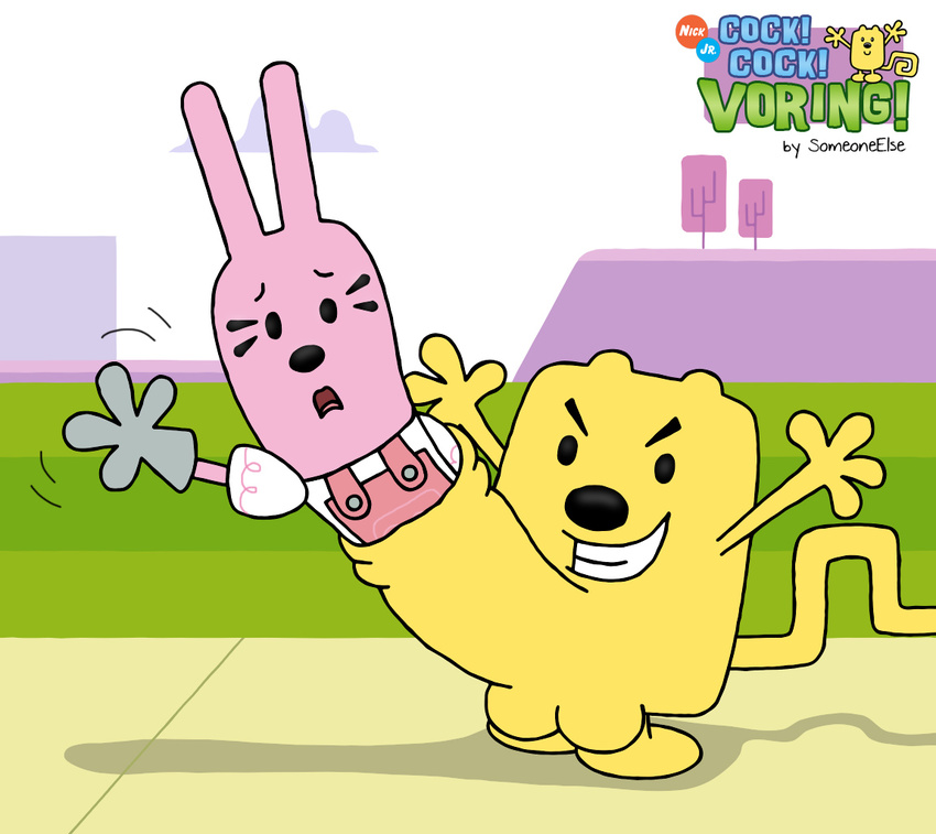 anthro balls clothing cock_vore day detailed_background digital_media_(artwork) duo erection female gerbil humanoid_penis hyper hyper_penis lagomorph long_foreskin male mammal open_mouth outside penis rabbit rodent someoneelse teeth uncut vore widget wow!_wow!_wubbzy! wubbzy young