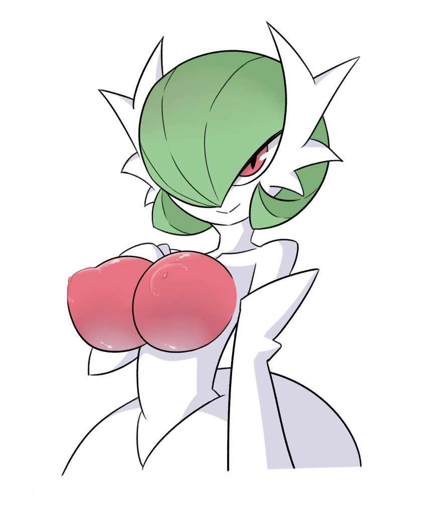 1girl 321go! breasts collarbone gardevoir green_hair hair_over_one_eye hand_on_own_chest hand_up highres large_breasts looking_at_viewer mega_gardevoir mega_pokemon nipples pokemon pokemon_(creature) pokemon_rse red_eyes short_hair simple_background smile solo upper_body white_background