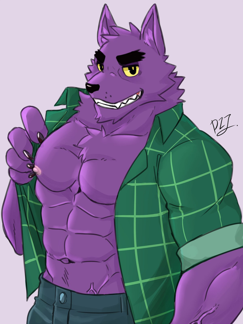 2017 abs anthro bernard_(ok_k.o.!_lbh) biceps big_muscles canine cartoon_network chest_tuft clothed clothing darkzerojack fur hi_res male mammal muscular navel ok_k.o.!_let's_be_heroes open_shirt pecs purple_fur shirt simple_background solo tuft were werewolf wolf