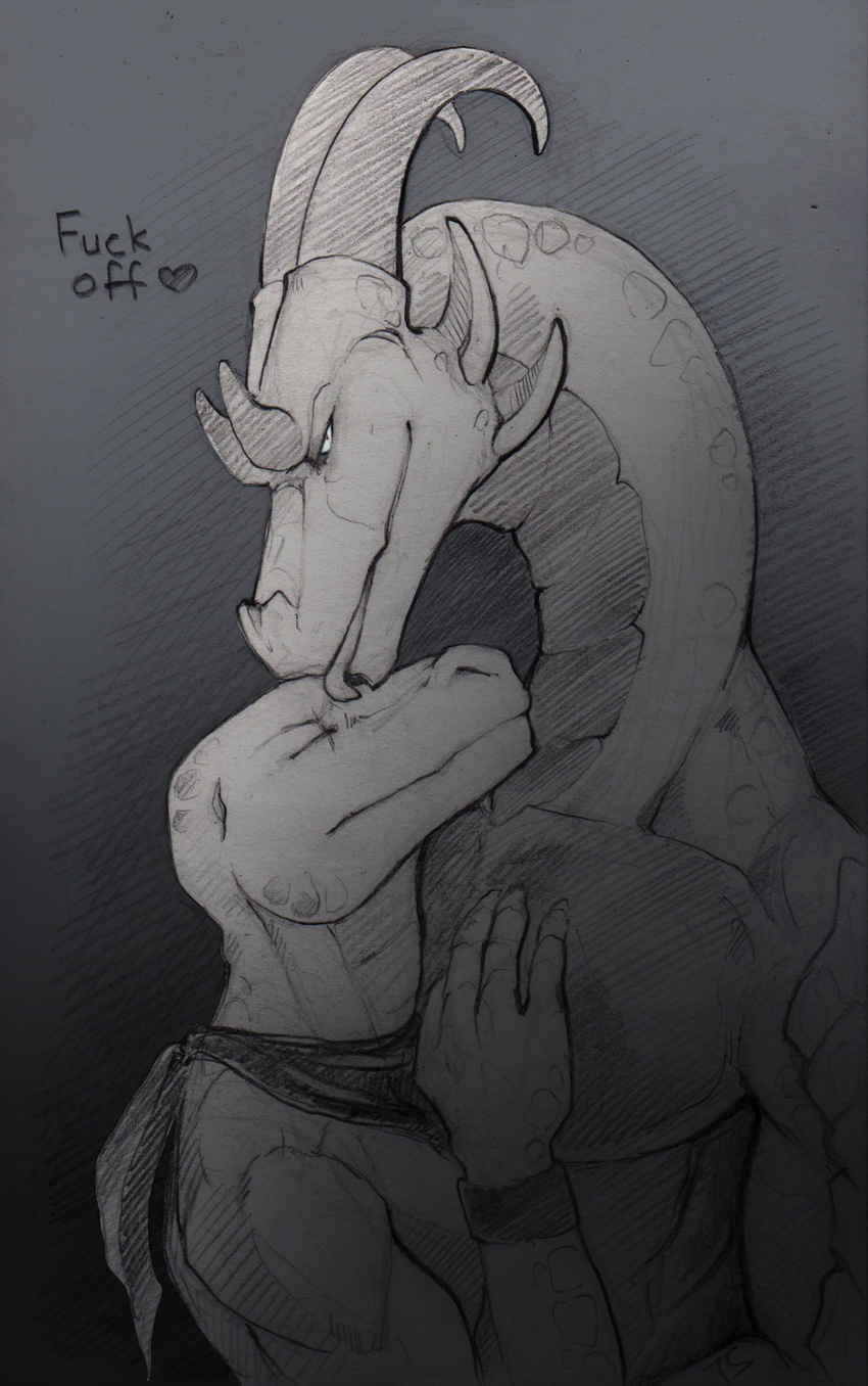 &lt;3 askar duo english_text horn ismar licking lizard looking_at_viewer love lover male male/male naga neverneverland nightcrauzer owner pencil_(artwork) profanity reptile scales scalie scar smile snake text tongue tongue_out traditional_media_(artwork)