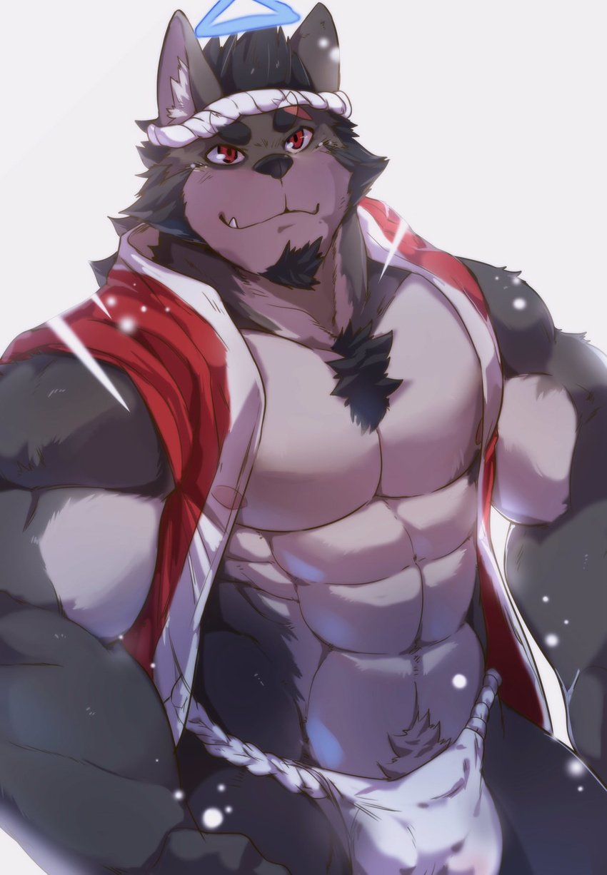 2017 abs anthro beard biceps big_muscles bulge canine chest_tuft clothing facial_hair fundoshi fur hi_res japanese_clothing littleblackalas male mammal muscular muscular_male nipples pecs pubes solo tuft underwear vest wolf
