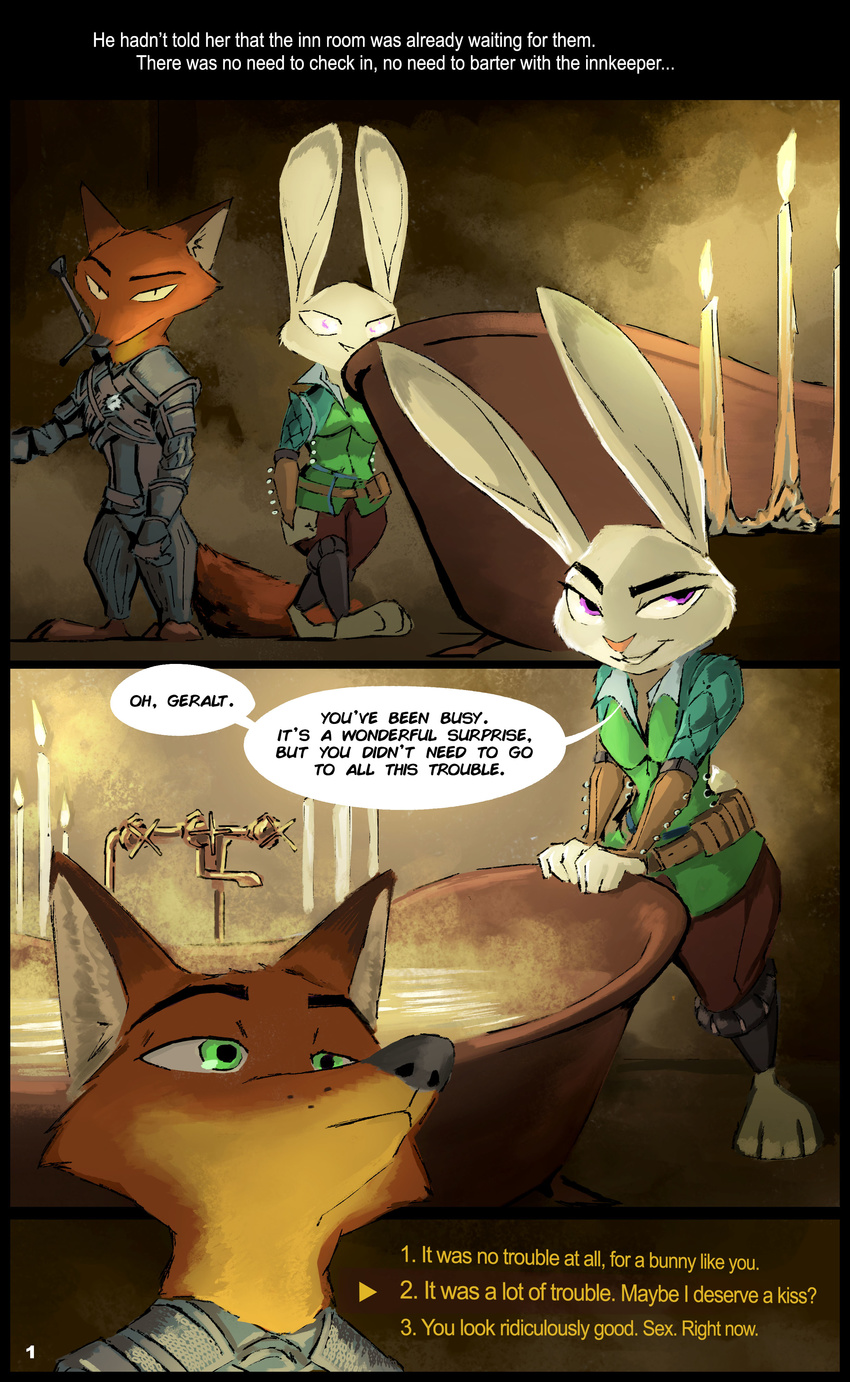 2017 absurd_res anthro armor barefoot bathtub belt candle canine clothed clothing crossover dialogue dipstick_ears disney duo english_text female fox green_eyes group hi_res inside judy_hopps lagomorph long_ears male mammal melee_weapon nick_wilde purple_eyes rabbit standing sword text the_witcher thewyvernsweaver utility_belt water weapon zootopia