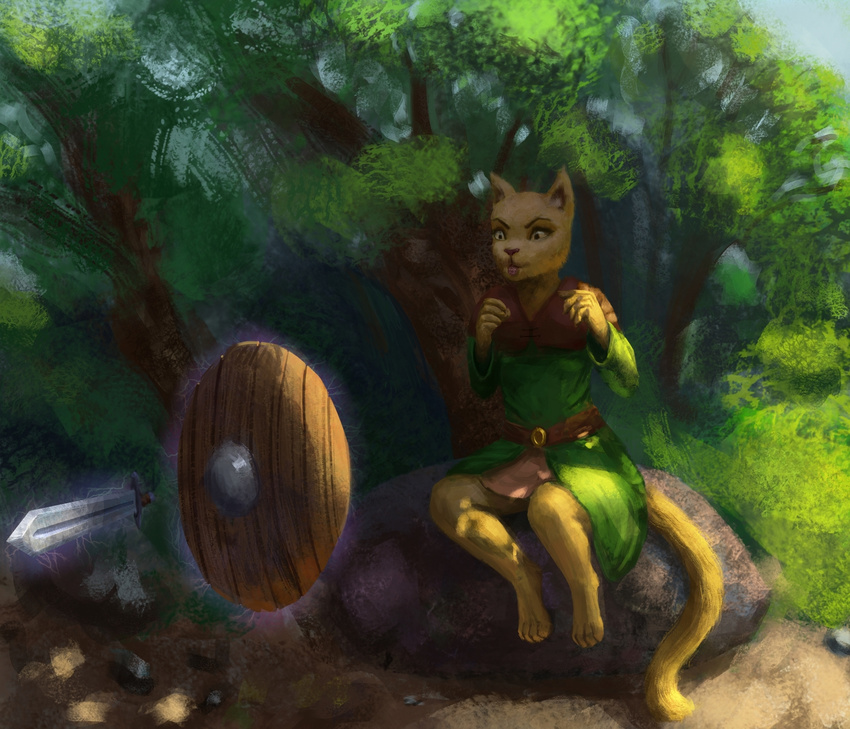 2017 anthro clothed clothing feline female fur hi_res katia_managan khajiit magic mammal melee_weapon prequel radian shield sitting solo sword the_elder_scrolls tongue tongue_out tree video_games weapon yellow_fur