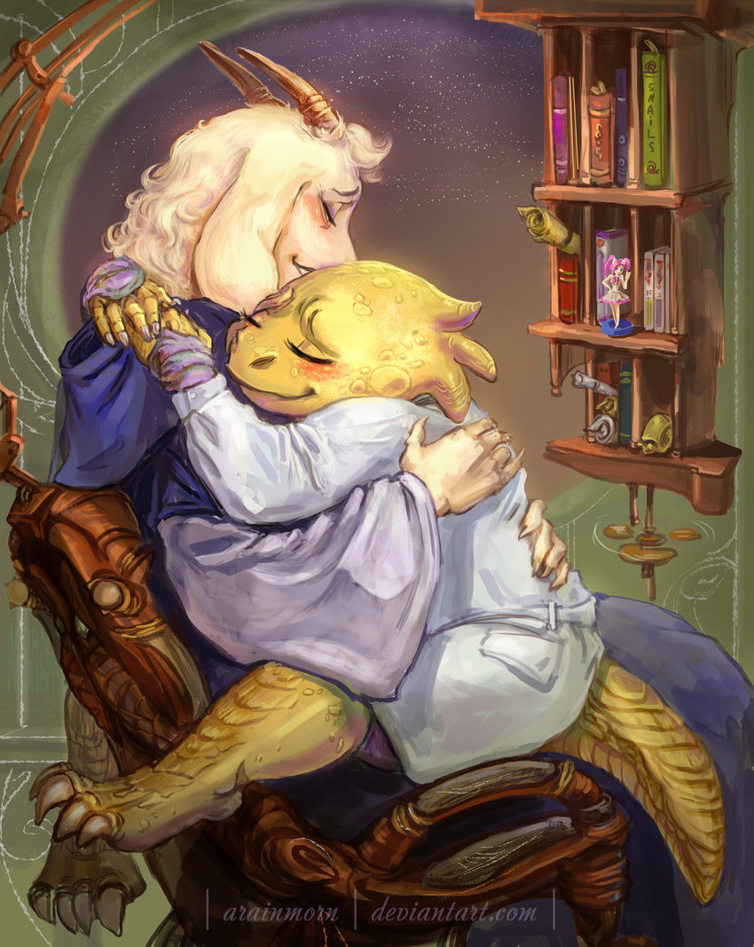 2016 4_toes 5_fingers absurd_res alphys anthro anthro_on_anthro arainmorn armwear biped blush book bookshelf boss_monster bridal_gauntlets brown_horn caprine claws clothing detailed detailed_scales digital_media_(artwork) digital_painting_(artwork) duo embrace eyes_closed feet female female/female figurine floppy_ears fur hair head_tuft hi_res horn hug humanoid_feet humanoid_hands inside interspecies lab_coat mammal on_chair on_lap plantigrade purple_clothing reptile ridged_horn robe rocking_chair romantic_couple scales scalie shell sitting size_difference sky smile spikes star starry_sky toe_claws toes toriel undertale url video_games white_claws white_clothing white_fur white_hair window yellow_scales yellow_tail