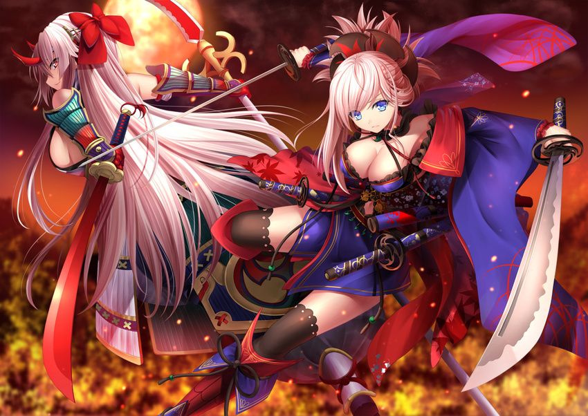 blue_eyes breasts closed_mouth fate/grand_order fate_(series) holding holding_sword holding_weapon horns japanese_clothes katana large_breasts looking_at_viewer miyamoto_musashi_(fate/grand_order) multiple_girls oni_horns red_eyes ribbon scabbard sheath sideboob silver_hair sword tomoe_gozen_(fate/grand_order) toshi_(1-147) weapon