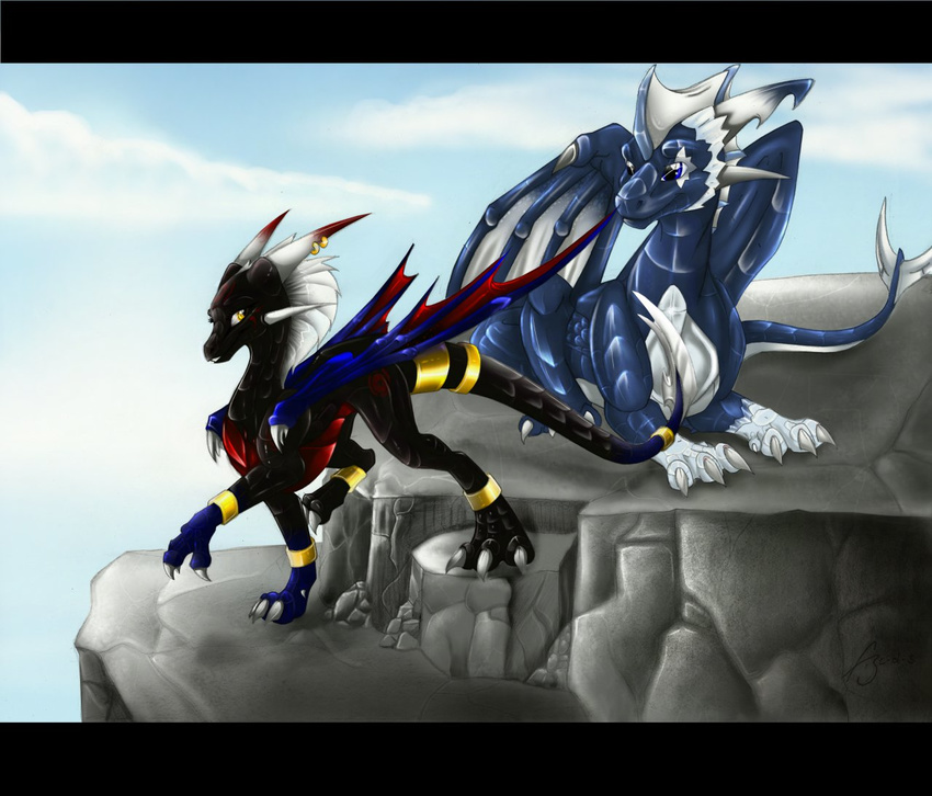 black_bars claws day digital_media_(artwork) dragon duo female hair horn letterbox looking_away male membranous_wings minerea outside rock scalie sky western_dragon white_hair wings