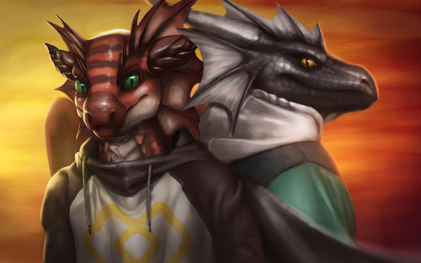 2012 anthro back_to_back biped black_horn black_scales clothed clothing digital_media_(artwork) dragon duo ear_fins fin gradient_background green_eyes grey_horn head_fin hoodie horn khyaber khyaber_(character) looking_at_viewer male membranous_wings morghus multicolored_scales red_scales scales scalie simple_background slit_pupils smile standing white_scales wings yellow_eyes