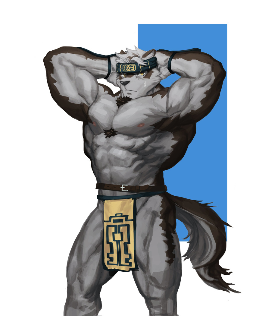 2017 abs absurd_res anthro belt biceps big_muscles brown_fur canine chest_tuft clothed clothing digital_media_(artwork) flexing fur grey_fur handband headband hi_res horkeukamui loincloth looking_at_viewer male mammal multicolored_fur muscular muscular_male nipples obliques pecs piard909 pink_nipples simple_background solo standing tokyo_afterschool_summoners topless triceps tuft white_fur wolf yellow_eyes