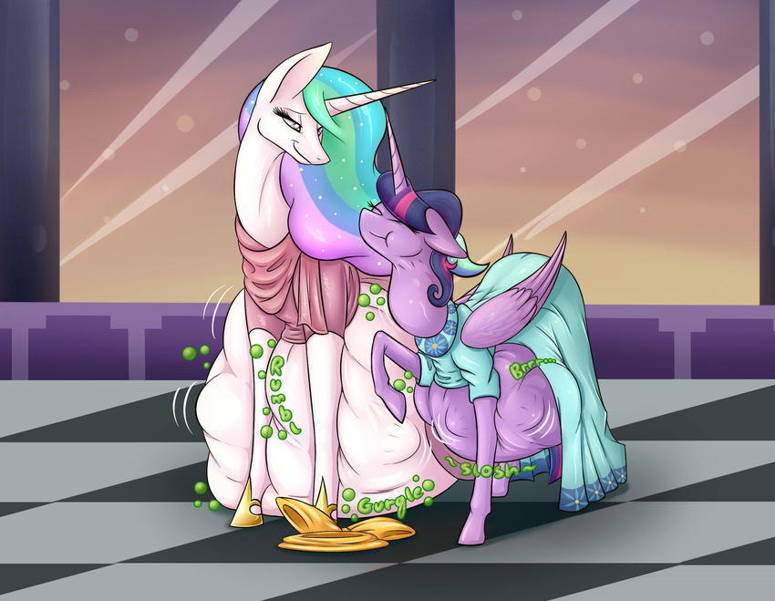 abdominal_bulge ambiguous_gender anthro belly big_bulge bulge clothed clothing digestion dress duo english_text equine eyes_closed female female/ambiguous female_pred female_prey friendship_is_magic gala galloping grand hi_res horn mammal my_little_pony oral_vore princess_celestia_(mlp) simple_background smile story story_in_description text twilight_sparkle_(mlp) vore wiggle winged_unicorn wings ziravore