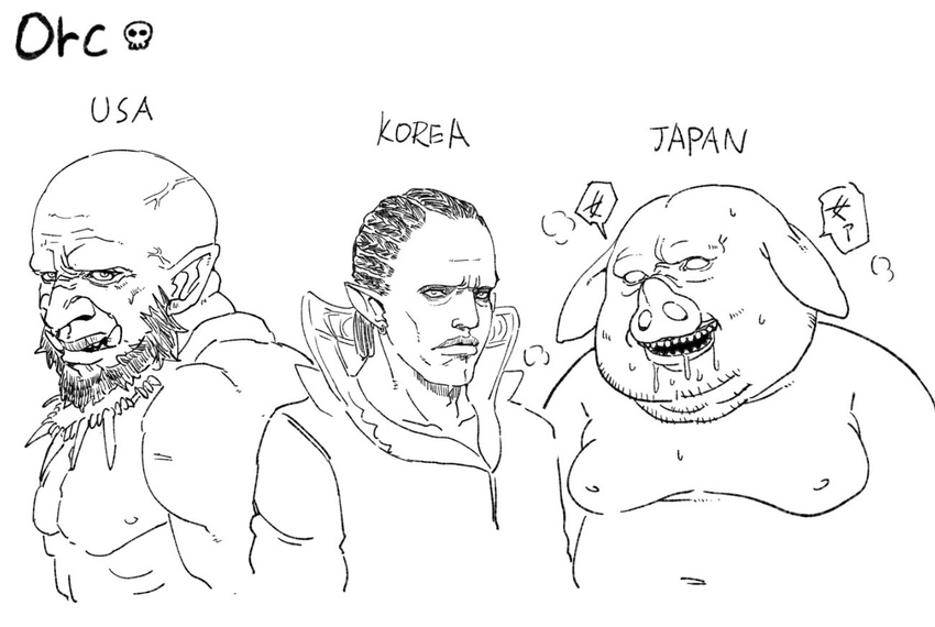 animal_ears bald beard blank_eyes character_name commentary_request comparison copyright_request drooling earrings english facial_hair fangs fat frown futoshi_slim greyscale hairlocs heavy_breathing high_collar jewelry lineage lineage_2 lips looking_at_viewer male_focus monochrome multiple_boys muscle orc pig pig_ears pig_snout pointy_ears saliva simple_background skull translated veins warcraft white_background