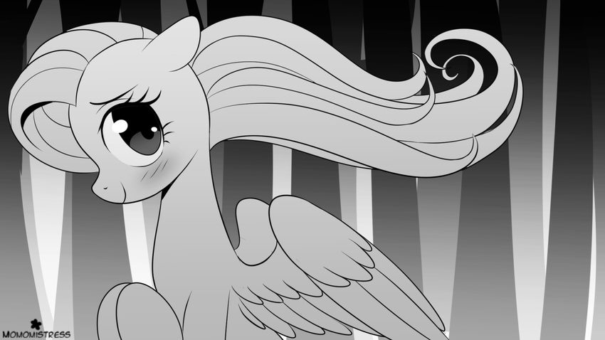 2017 blush equine eyelashes feathered_wings feathers female feral fluttershy_(mlp) friendship_is_magic greyscale hair long_hair looking_at_viewer mammal momomistress monochrome my_little_pony pegasus smile solo wings