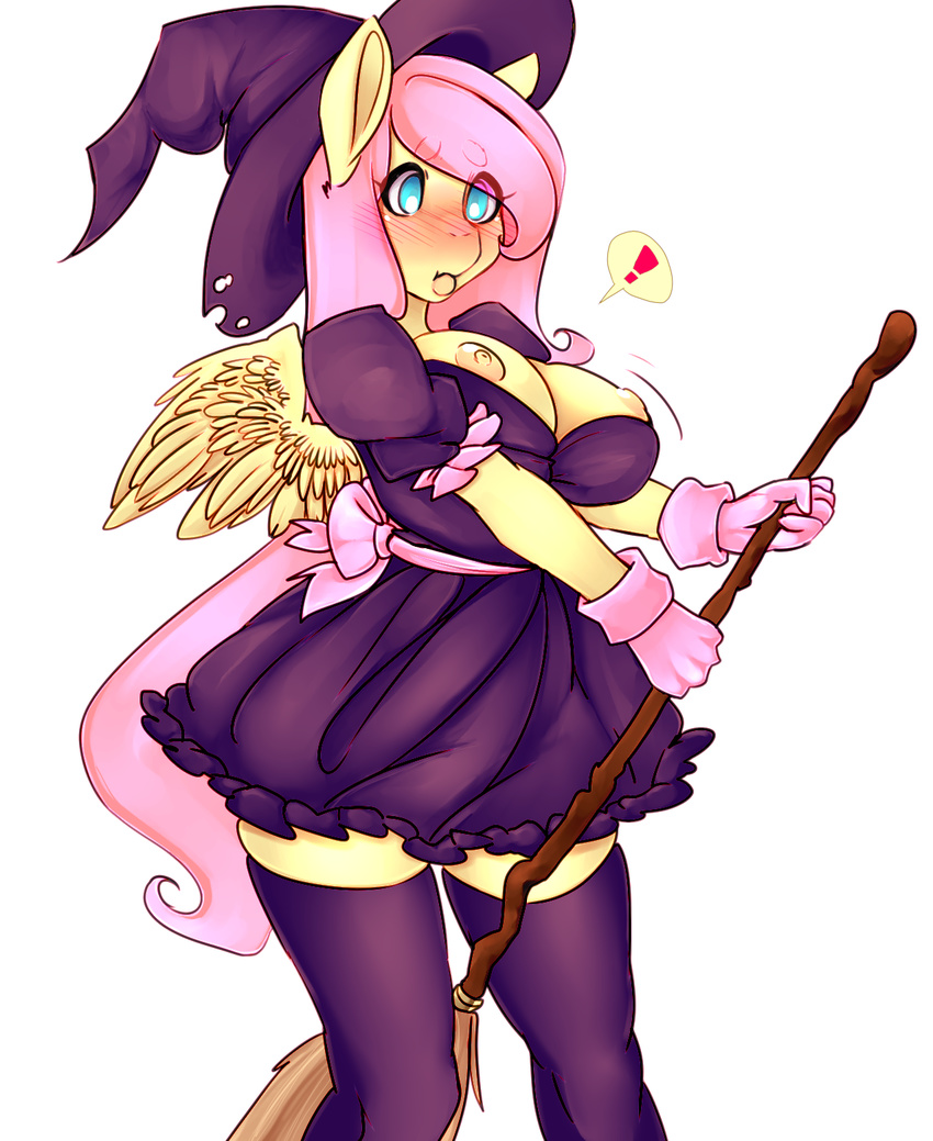 ! 2017 absolute_territory anthro anthrofied areola blush breasts broom clothed clothing equine feathered_wings feathers female fluttershy_(mlp) friendship_is_magic gloves hair hat hi_res mammal my_little_pony nipples pegasus pink_hair simple_background solo tolsticot white_background wings witch_hat