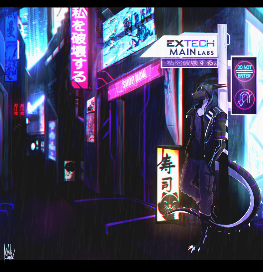 absurd_res city cloth cyberpunk detailed_background dragon excelsus hi_res kinotika neon night raining sign solo xkax