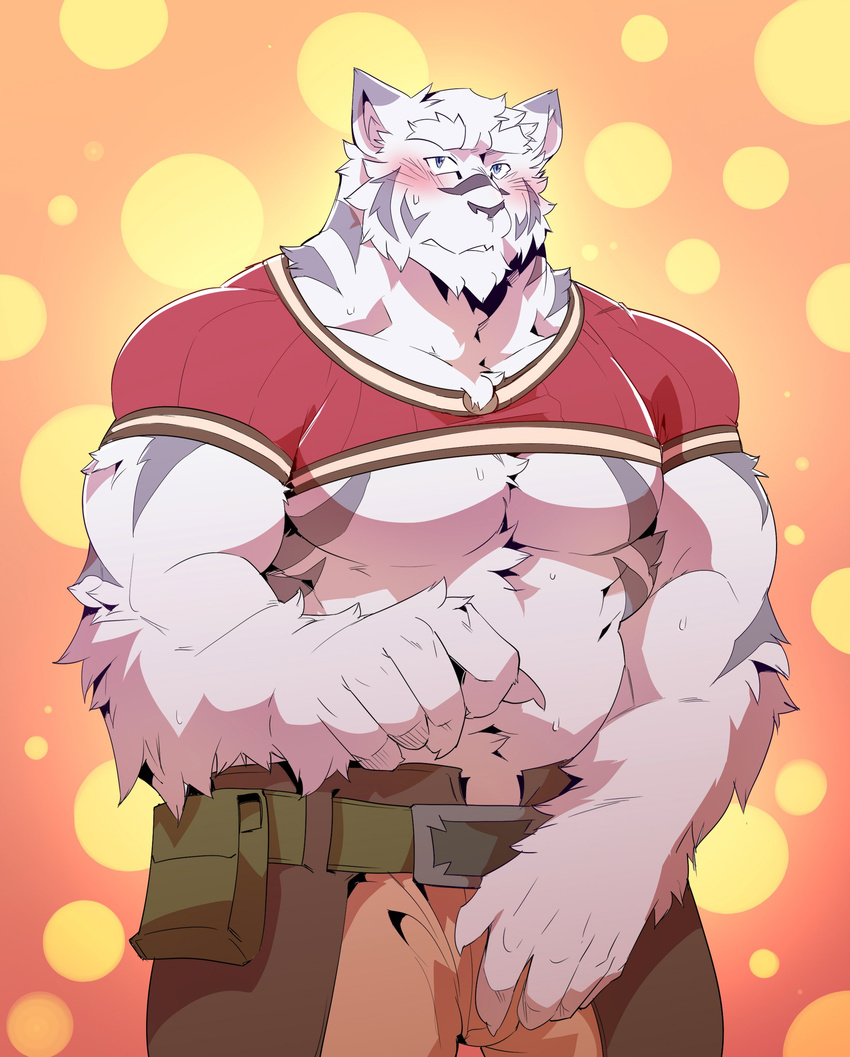 2017 absurd_res anthro biceps big_muscles blue_eyes clothed clothing feline fur grimoire_of_zero hi_res kokuhane male mammal mercenary_(character) muscular muscular_male pecs solo stripes tiger white_fur white_tiger