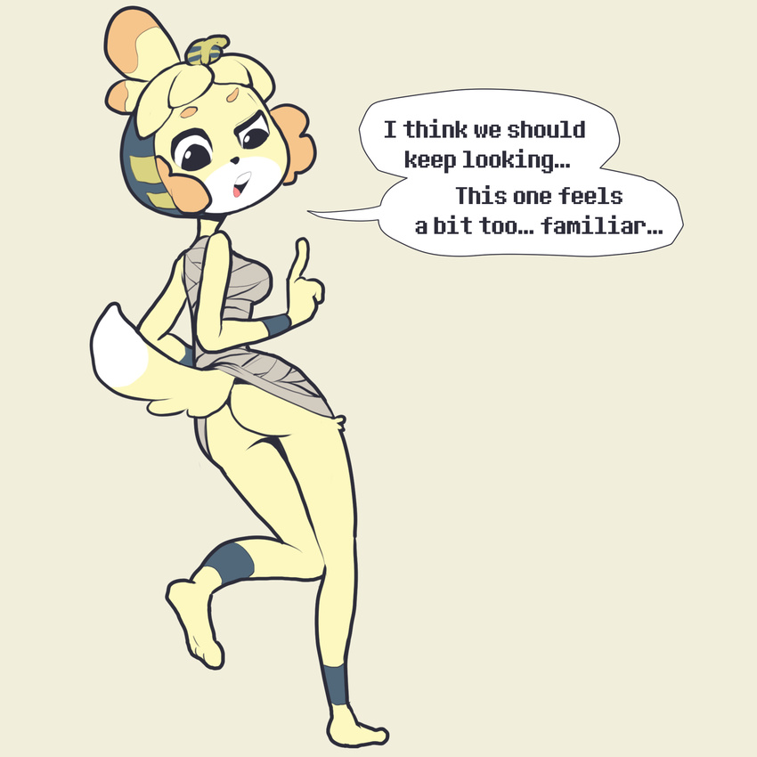 2017 4_fingers alternate_costume animal_crossing ankha anthro bandage barefoot breasts butt canine cosplay digital_media_(artwork) dog egyptian english_text exposed_butt female fur hair hi_res isabelle_(animal_crossing) itsunknownanon mammal nintendo open_mouth pose presenting presenting_hindquarters short_hair simple_background skinny solo standing text video_games yellow_fur