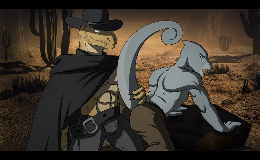 anthro chameleon clothing digital_media_(artwork) duo ismar lizard male male/male nightcrauzer open_mouth outside reptile scales scalie standing tul western wild_west zeta-la-angie