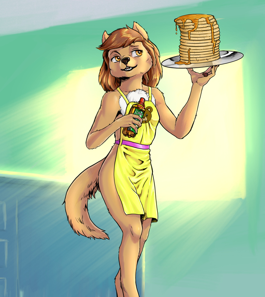 2017 amber_eyes anthony_sarkasuo anthro apron bowman's_wolf brown_fur brown_hair canine chest_tuft clothed clothing digitigrade female flat_chested florence_ambrose food freefall fur green_background hair hi_res holding_object long_hair mammal multicolored_fur naked_apron open_mouth open_smile pancake red_wolf seductive simple_background smile solo syrup tray tuft two_tone_fur webcomic white_fur wolf