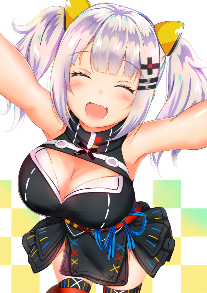 1girl :d ^_^ absurdres armpits arms_up bare_arms bare_shoulders black_shirt black_skirt blue_ribbon blush breasts checkered checkered_background cleavage cleavage_cutout closed_eyes cowboy_shot d-pad d-pad_hair_ornament eyelashes eyes_closed fang hair_ornament hairclip highres kaguya_luna kaguya_luna_(character) long_hair looking_at_viewer medium_breasts miniskirt obi open_mouth outstretched_arms red_legwear ribbon sash shirt sidelocks silver_hair skirt sleeveless sleeveless_shirt smile solo thighhighs twintails virtual_youtuber yuano zettai_ryouiki