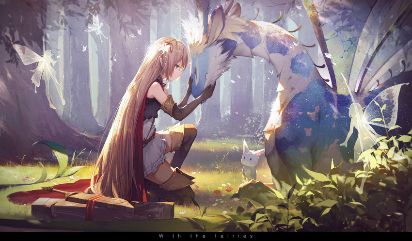arisa_(shadowverse) bare_shoulders belt black_gloves boots brown_hair brown_legwear cape closed_eyes closed_mouth creature day elbow_gloves english fairy fairy_dragon fairy_dragon_(shadowverse) flower flying forest from_side full_body gloves grass green_eyes hair_flower hair_ornament hair_ribbon high-waist_skirt highres kieed long_hair nature one_knee outdoors petting pointy_ears profile red_cape red_ribbon ribbon shadowverse sheath sheathed skirt sleeveless smile sunlight sword thigh_boots thighhighs tree very_long_hair weapon white_skirt zettai_ryouiki