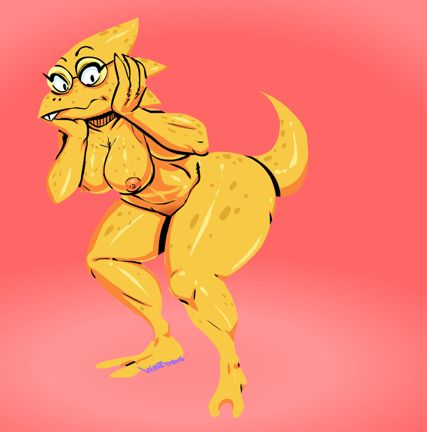 2_toes abstract_background alphys breasts buckteeth eyewear female glasses lizard looking_at_viewer nipples nude pink_background raised_eyebrow reptile scales scalie simple_background teeth thick_thighs toes undertale video_games wolftang yellow_scales