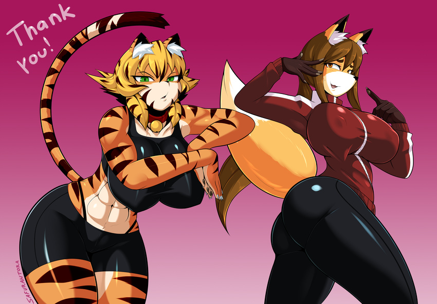 absurd_res anthro big_breasts big_butt breasts brown_eyes butt canine clothed clothing duo feline female fox green_eyes hi_res inner_ear_fluff jojo's_bizarre_adventure mammal markings muscular muscular_female pose saffron_(safurantora) safurantora skimpy smile tiger wide_hips