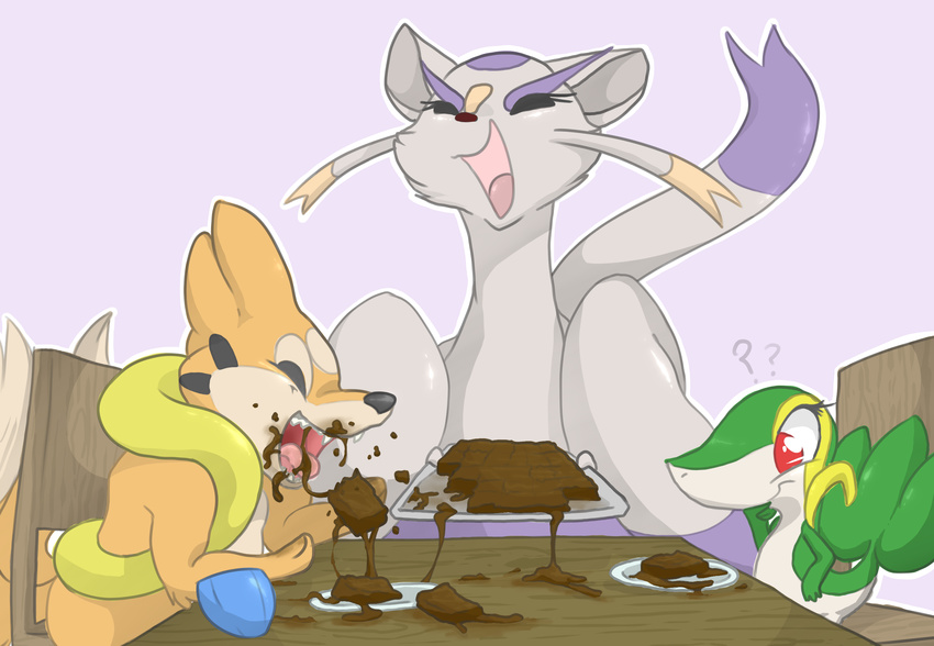 ambiguous_gender black_nose digital_media_(artwork) eating eating_shit eyes_closed feces floatzel fur hi_res mammal mienshao nastysashy_(artist) nintendo open_mouth orange_fur pok&eacute;mon pok&eacute;mon_(species) purple_fur scat simple_background smile snivy video_games