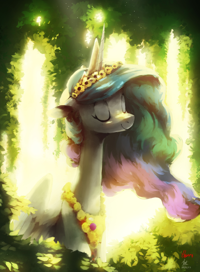 2017 absurd_res alumx anticularpony bust_portrait digital_media_(artwork) equine female feral flower forest friendship_is_magic hair hi_res horn mammal multicolored_hair my_little_pony nature outside plant portrait princess_celestia_(mlp) smile solo tree winged_unicorn wings wreath