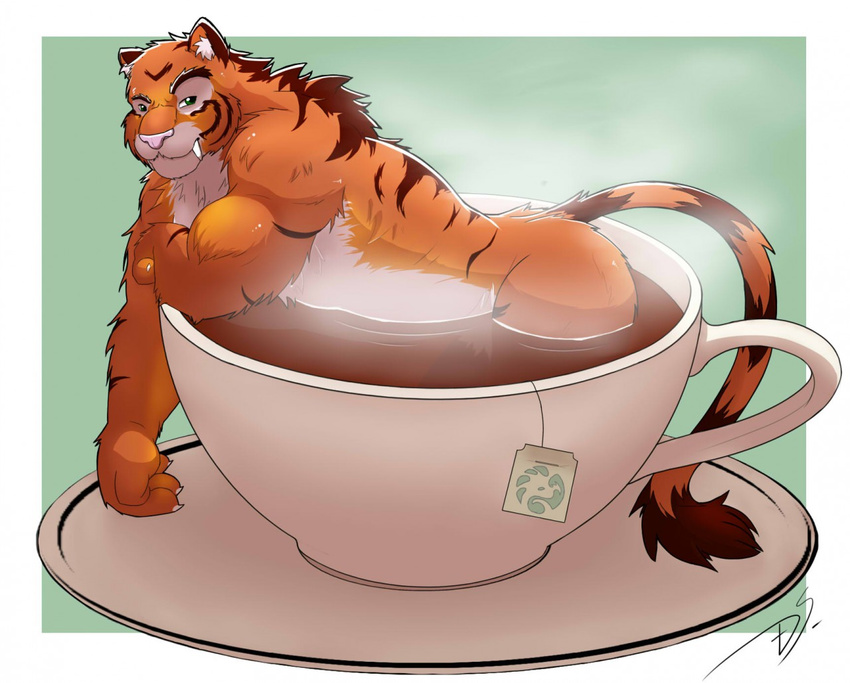 2017 artist_signature beverage brown_fur brown_hair butt cup dragonslash feline fur green_eyes hair male male_focus mammal muscular muscular_male nude orange_fur schindler steam striped_fur stripes tea tea_cup teabag tiger white_fur