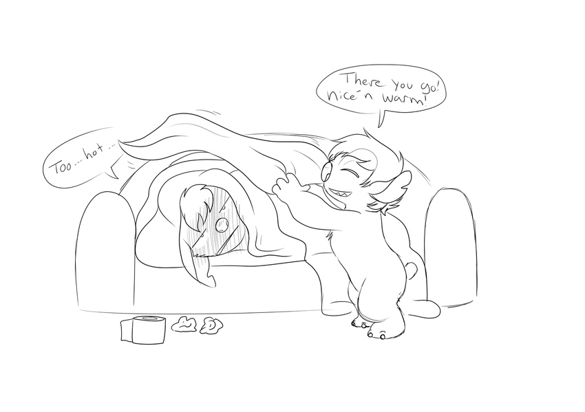 2016 4_fingers alien bedding blanket chamille chest_tuft dialogue disney duo ears_down english_text experiment_(species) eyes_closed fan_character greyscale hair half-closed_eyes head_tuft hi_res ill lilo_and_stitch lying monochrome nekon notched_ear sketch small_tail sofa solosandwich speech_bubble text toilet_paper tuft