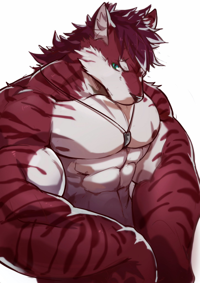 2017 abs anthro biceps big_muscles black_nose canine clothed clothing dog_tags fur green_eyes hair hi_res littleblackalas male mammal muscular muscular_male nipples pecs purple_hair red_fur simple_background solo standing stripes topless white_background white_fur wolf