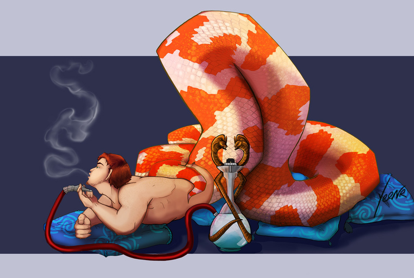 2017 animal_humanoid digital_media_(artwork) ginger hookah humanoid lamia male reptile scales scalie simple_background smoke snake snake_humanoid solo yeenr