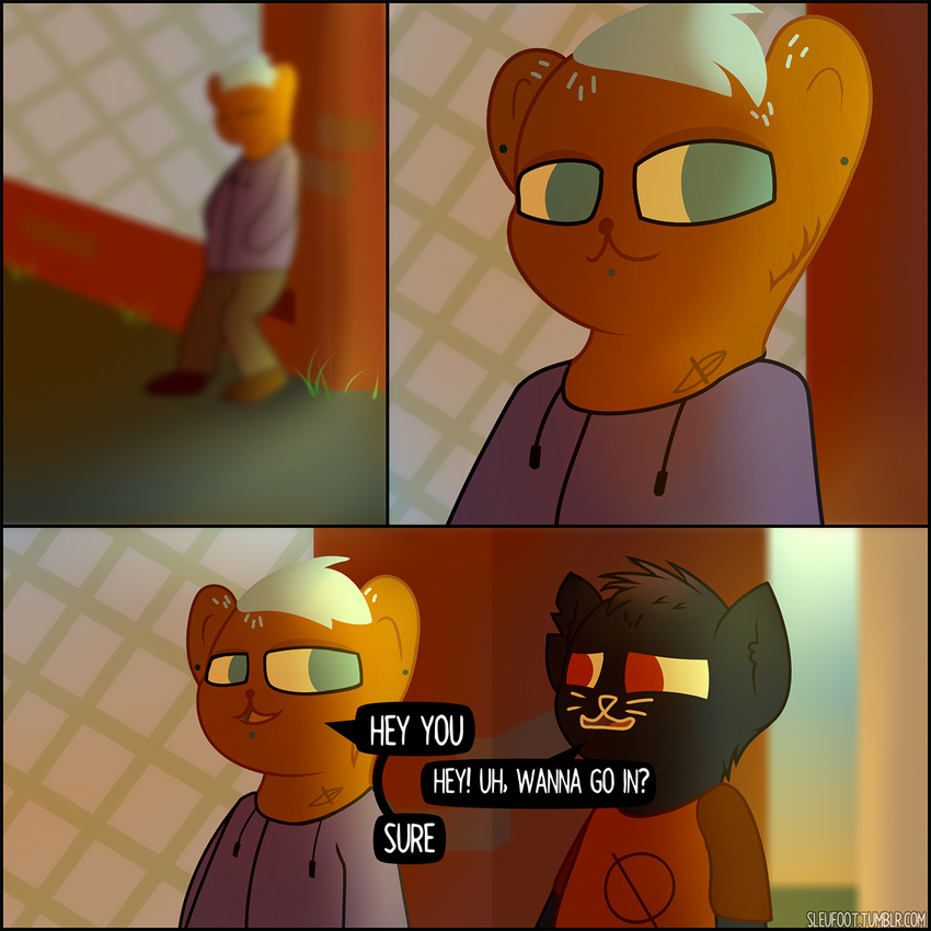 0 2017 ? anthro bear black_fur bombshell_(nitw) brick brown_fur cat chain chain-link_fence clothed clothing comic dagger dark_fur dialogue duo dyed_fur ear_piercing english_text feline fence footwear fur hair hands_in_pockets hi_res hooded_jacket hoodie jacket laces leaning logo mae_(nitw) mammal melee melee_weapon nervous night_in_the_woods notched_ear null_symbol pants piercing shirt sleufoot symbol t-shirt tattoo text weapon whiskers