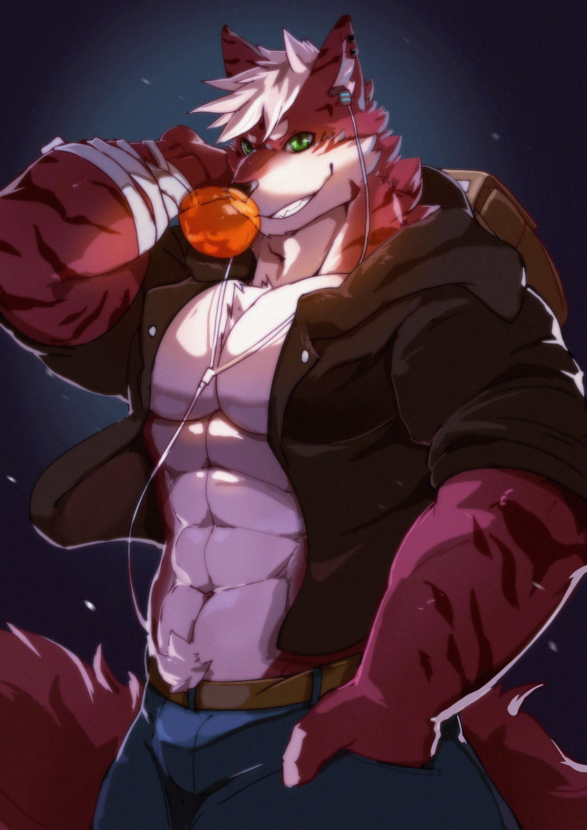 2017 abs anthro backpack bandage belt biceps big_muscles black_nose blue_background canine chest_tuft clothed clothing ear_piercing fangs fur green_eyes hair headphones hi_res kemono littleblackalas male mammal muscular open_shirt pants pecs piercing red_fur shirt simple_background smile solo standing stripes teeth tuft white_fur white_hair wolf