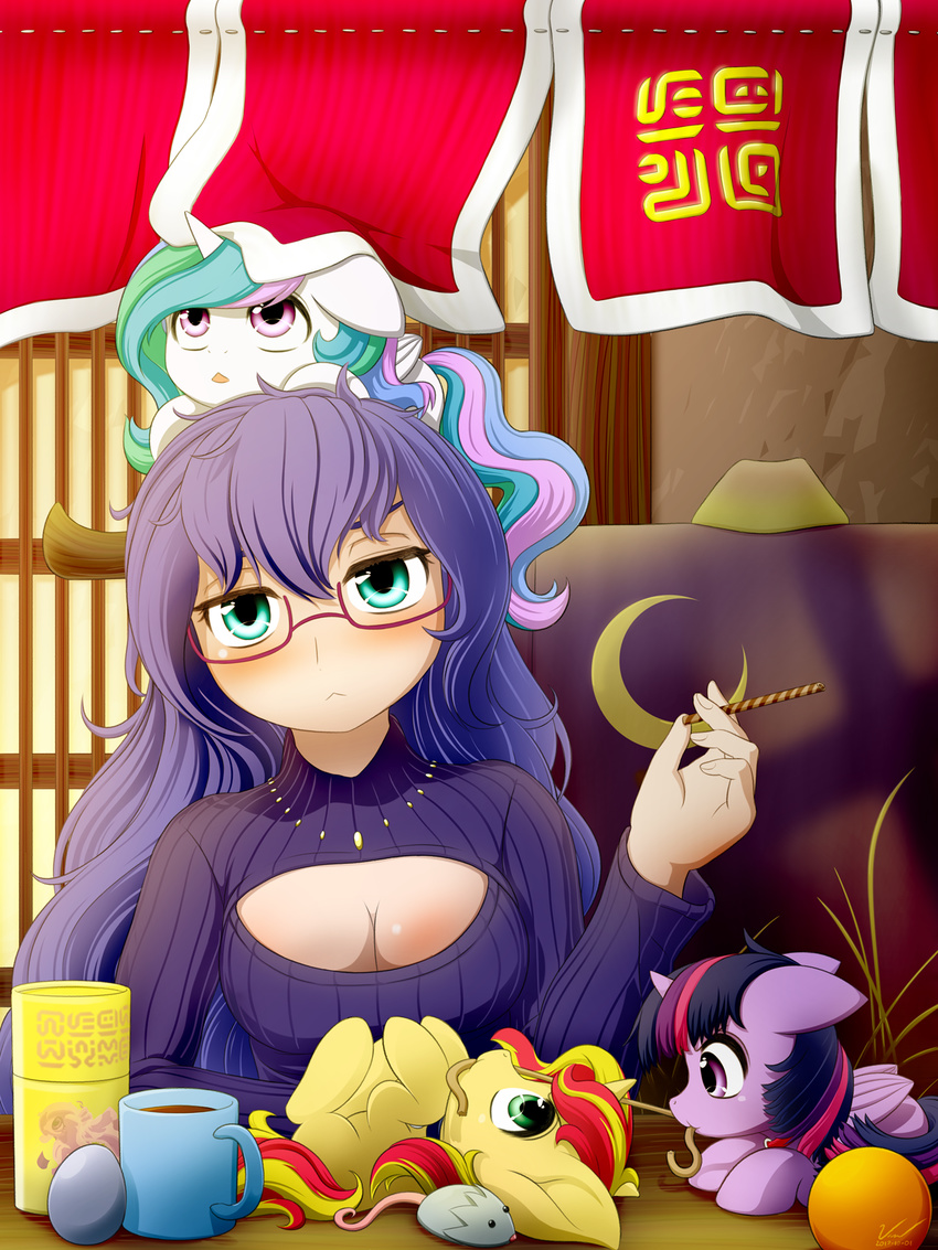 2017 alternate_species beverage blue_eyes blue_hair breasts chibi cleavage clothed clothing cup cute equestria_girls equine eyewear feathered_wings feathers female feral friendship_is_magic glasses group hair hi_res hooves horn human human_focus humanized inside long_hair mammal multicolored_hair multicolored_tail my_little_pony princess_celestia_(mlp) princess_luna_(mlp) purple_eyes sunset_shimmer_(eg) symbianl twilight_sparkle_(mlp) unicorn winged_unicorn wings