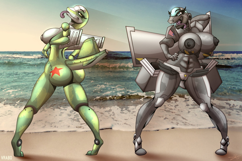 abs absurd_res aircraft american_symbol anthro anthro_plane areola beach big_breasts big_eyelashes breasts bubble_butt butt duo eyelashes female green_body grey_body hand_on_hip hi_res huge_breasts huge_eyelashes living_aircraft living_machine long_tongue machine muscular navel nude open_mouth outside pussy sand seaside shaded side_by_side smile soft_shading standing star tongue tongue_out united_states_of_america vrabo water wings