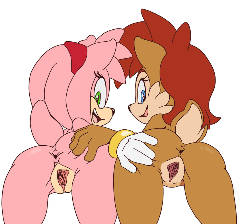 all_fours amy_rose anthro anus black_nose blue_eyes butt chipmunk clothing eyelashes female gloves green_eyes hair hand_on_butt hedgehog looking_back mammal nude open_mouth presenting presenting_hindquarters presenting_partner pussy red_hair rodent sally_acorn seductive short_tail smile solo sonic_(series) spread_anus spread_butt spread_pussy spreading take_your_pick teasing the_other_half