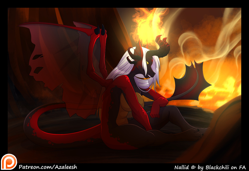 anthro azaleesh black_scales breasts demon digitigrade dragon female fire hair hell horn long_tail looking_at_viewer nallid nude red_scales scales sitting solo white_hair wings yellow_eyes
