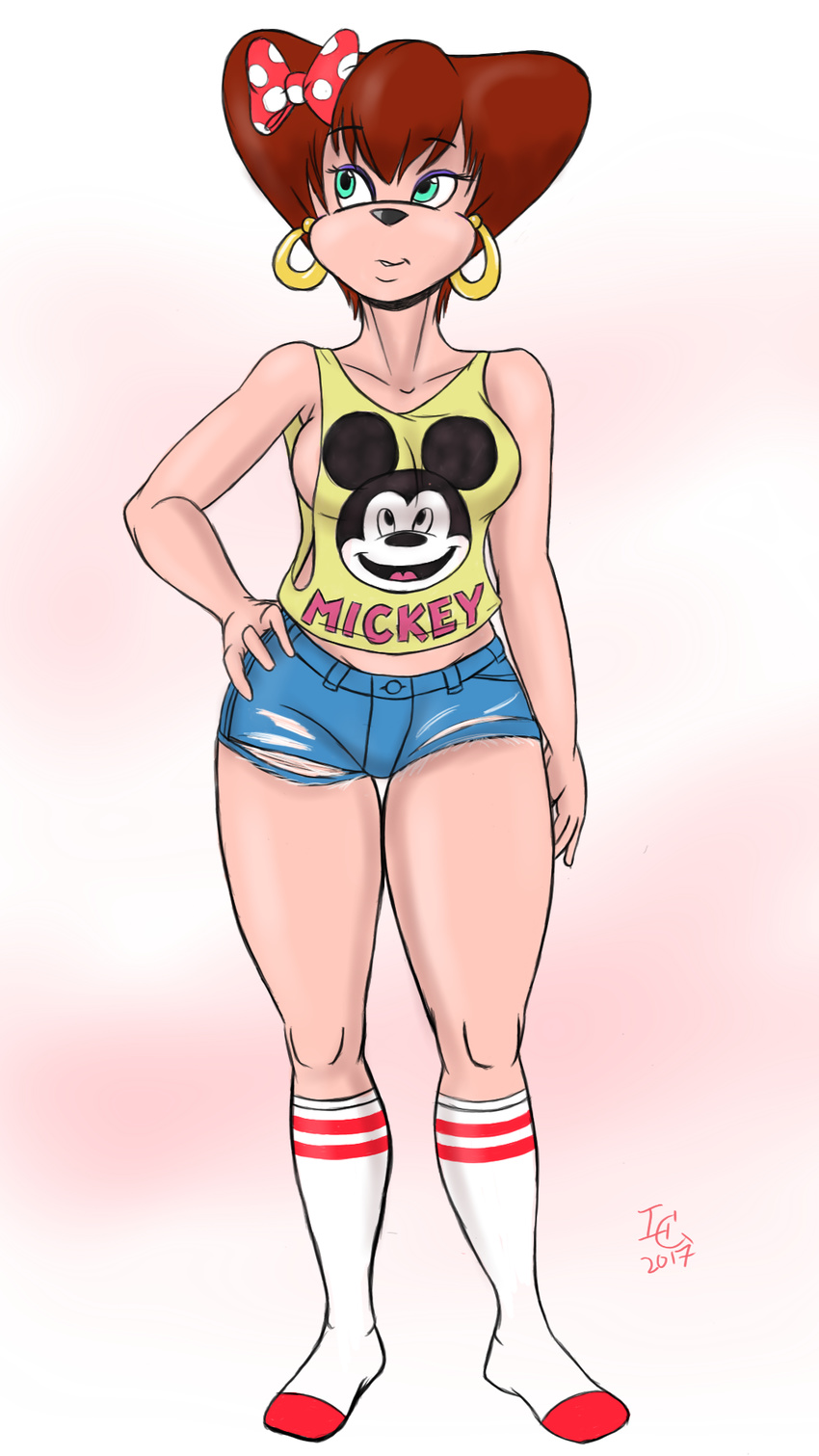 2017 anthro big_breasts blue_eyes breasts brown_hair canine clothed clothing denim_shorts digital_media_(artwork) disney dog english_text eyelashes eyeshadow female fur goof_troop hair hand_on_hip hi_res lc_(artist) legwear looking_aside makeup mammal mature_female mickey_mouse peg_pete pose shorts side_boob sleeveless_shirt socks solo standing tan_fur text thigh_gap