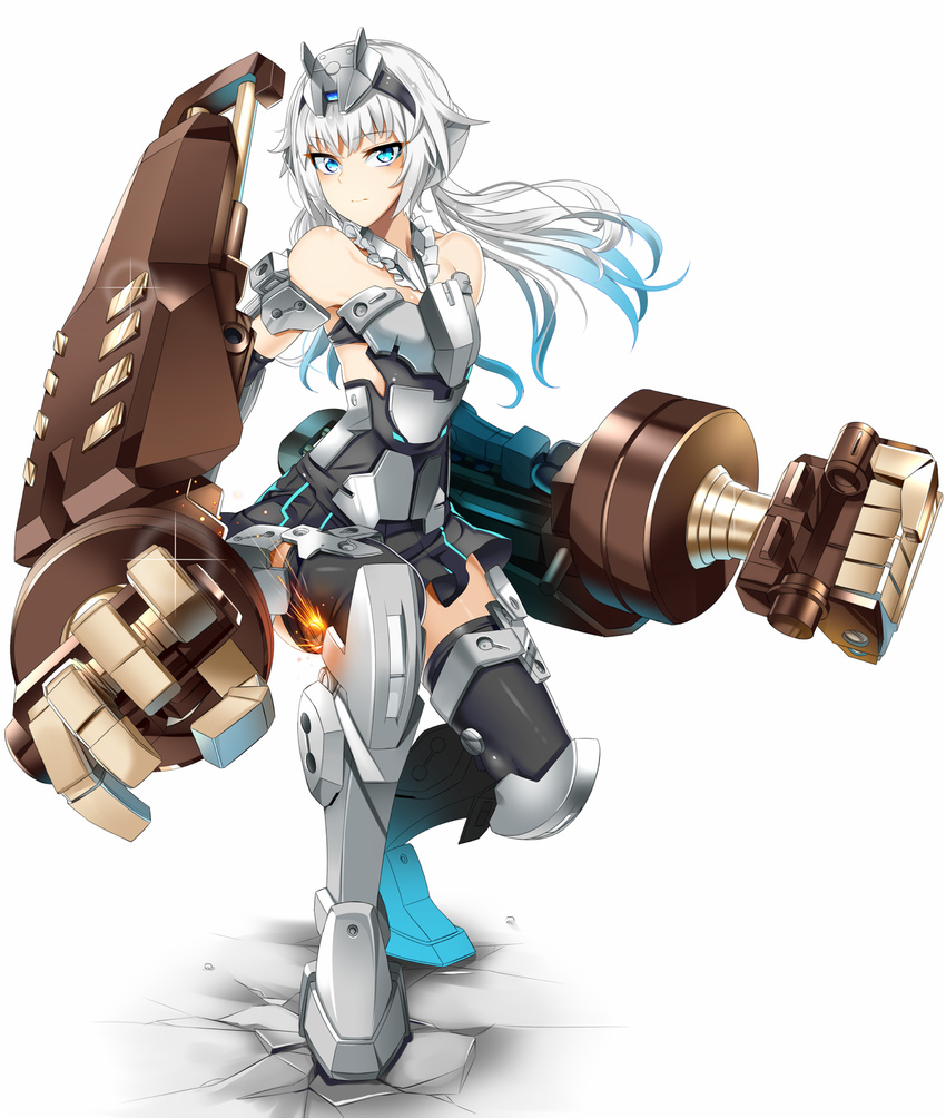 architect bangs bare_shoulders black_gloves black_legwear black_skirt blue_eyes blush closed_mouth commentary_request crack detached_collar diffraction_spikes elbow_gloves eyebrows_visible_through_hair frame_arms_girl full_body gauntlets gloves headgear highres koko_shiguma long_hair looking_at_viewer mecha_musume power_fist shiny shiny_hair shiny_skin silver_hair simple_background skirt solo sparks twintails white_background