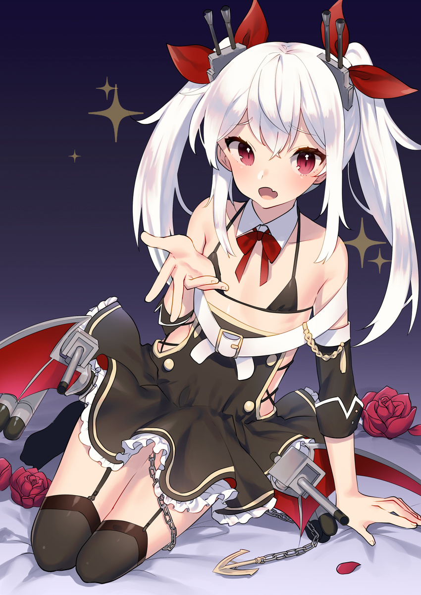 :d arm_support azur_lane bangs bare_shoulders bat_wings bed_sheet belt belt_buckle black_background black_bra black_dress black_legwear blush bow bra buckle cannon chain collarbone commentary_request detached_collar detached_sleeves dress eyebrows_visible_through_hair fang fingernails flower frilled_dress frills garter_straps gradient gradient_background hair_between_eyes hair_ribbon halter_top halterneck headgear highres leaning_to_the_side long_hair looking_at_viewer low_wings mizuki_eiru_(akagi_kurage) no_shoes open_mouth over-kneehighs reaching_out red_bow red_eyes red_flower red_ribbon red_rose ribbon rose seiza short_sleeves sidelocks sitting smile solo sparkle thighhighs torpedo turret twintails underwear vampire_(azur_lane) white_belt white_collar white_hair wing_collar wings