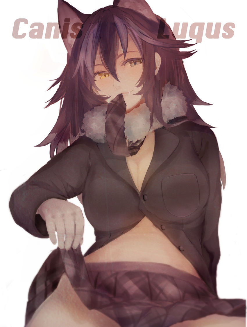 absurdres ancolatte_(onikuanco) animal_ears black_hair blue_eyes breasts buttons character_name cleavage fang fur_collar gloves grey_wolf_(kemono_friends) heterochromia highres kemono_friends large_breasts latin long_hair long_sleeves looking_at_viewer multicolored_hair necktie_on_mouth skirt skirt_lift solo two-tone_hair white_background white_gloves wolf_ears wolf_girl yellow_eyes