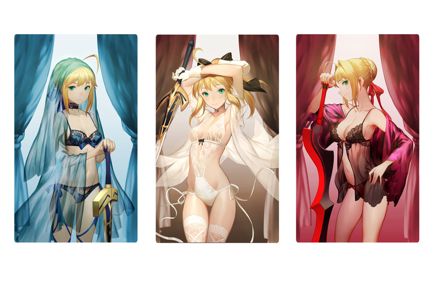 :&gt; aestus_estus ahoge armpits arms_up artoria_pendragon_(all) babydoll bare_shoulders black_babydoll black_panties blonde_hair blue_bra blue_panties blush bra braid breasts choker cleavage closed_mouth commentary_request contrapposto covered_navel cowboy_shot curtains eyebrows_visible_through_hair fate/extra fate/grand_order fate/stay_night fate_(series) from_side gradient green_eyes hair_bun hair_ribbon hand_on_hip holding holding_sword holding_weapon leotard lingerie looking_at_viewer medium_breasts multiple_girls nero_claudius_(fate) nero_claudius_(fate)_(all) off_shoulder panties planted_sword planted_weapon ponytail profile red_panties red_ribbon ribbon saber saber_lily salmon88 see-through short_hair sidelocks small_breasts smile standing sword thighhighs thighs underwear underwear_only veil weapon white_legwear