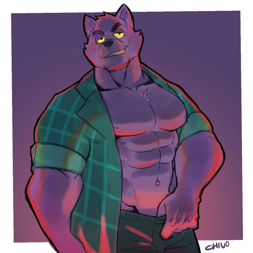 2017 abs anthro bernard_(ok_k.o.!_lbh) biceps big_muscles canine cartoon_network chest_tuft clothed clothing fangs fur hi_res kalchivo male mammal muscular muscular_male navel nipples ok_k.o.!_let's_be_heroes open_shirt pants pecs purple_fur purple_nipples shirt smile solo standing teeth tuft were werewolf wolf yellow_sclera
